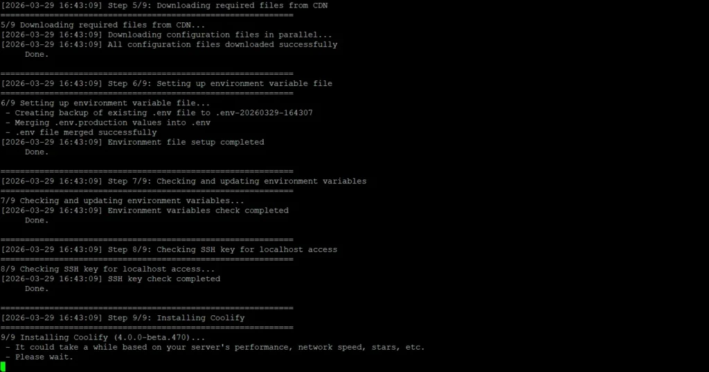 Ubuntu VPS running Coolify install command