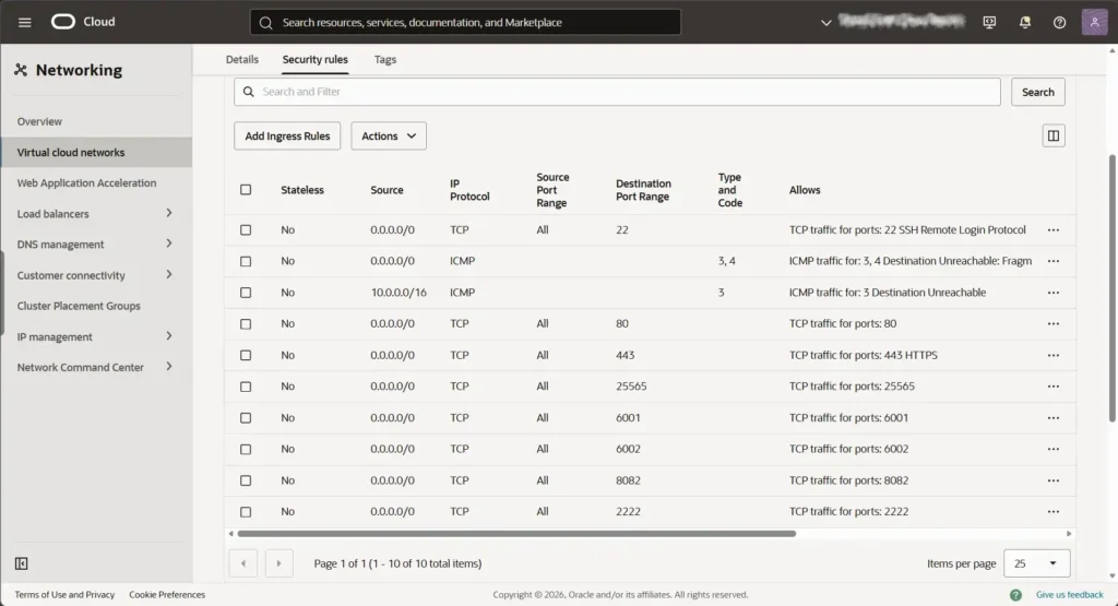 Oracle Security Rules Panel